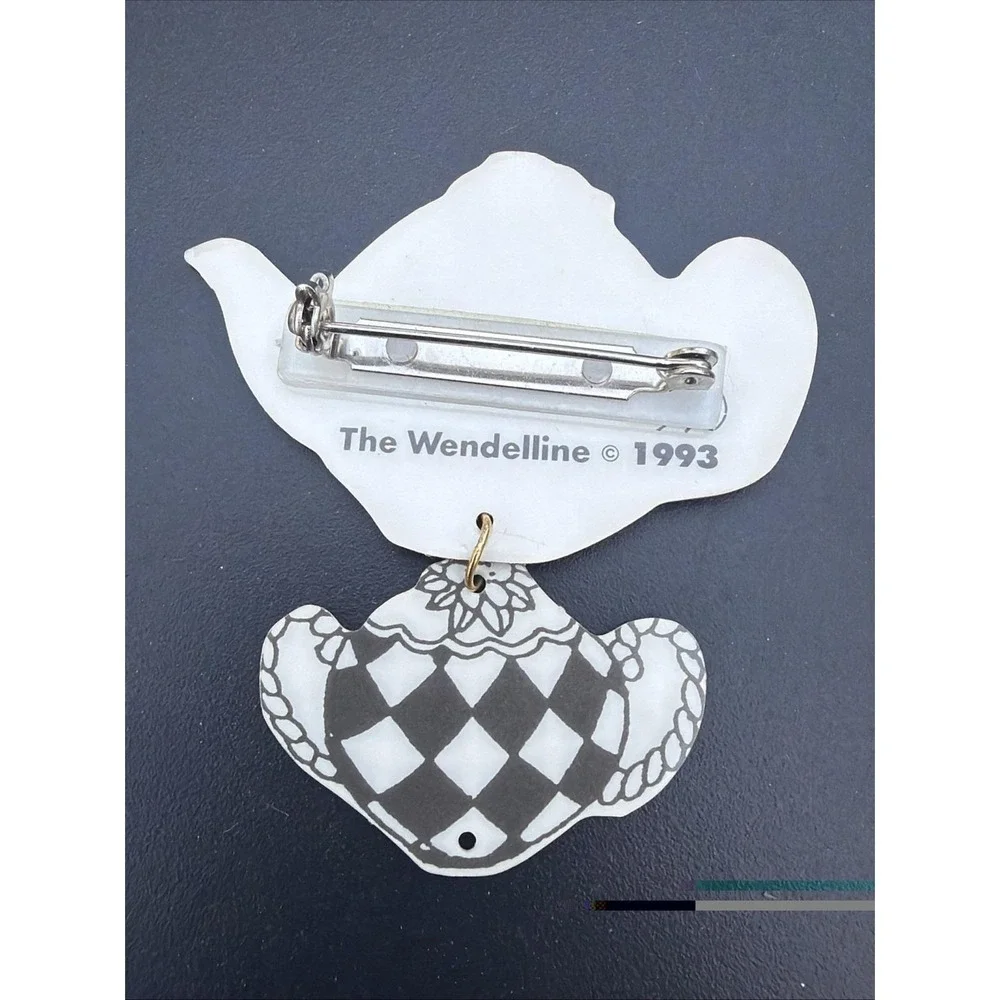 VTG 1993 The Wendelline Teapot Brooch Pin Dangle Whimsical Harlequin Checkered